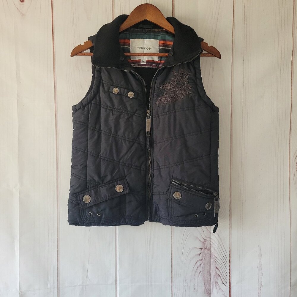 Maurices Women’s Quilted Western Vest, M, Black, Floral Embroidery, Warm Vest
